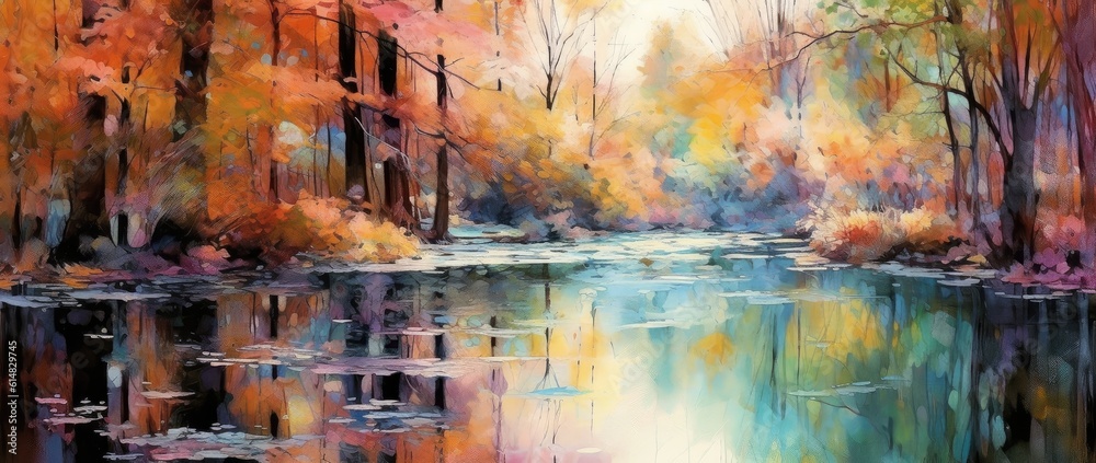 Autumn scene comes to life on a colored canvas. The vibrant colors of red, orange, and yellow dominate the composition