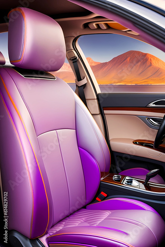 The leather interior of the car is in purple. Generative AI. © F@natka
