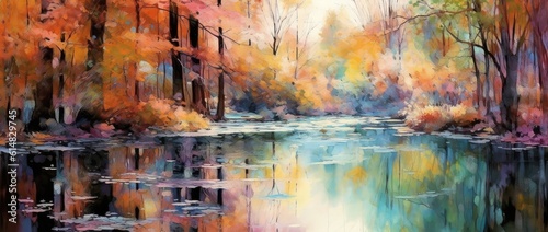 Autumn scene comes to life on a colored canvas. The vibrant colors of red, orange, and yellow dominate the composition