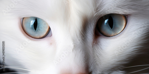 Domestic cat blue eyes macro photography. Open eye light ray snow white fur. Pet animal friend beautiful close up photo