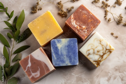 Natural colorful handmade soap with herbs. Top view. Generated by AI.