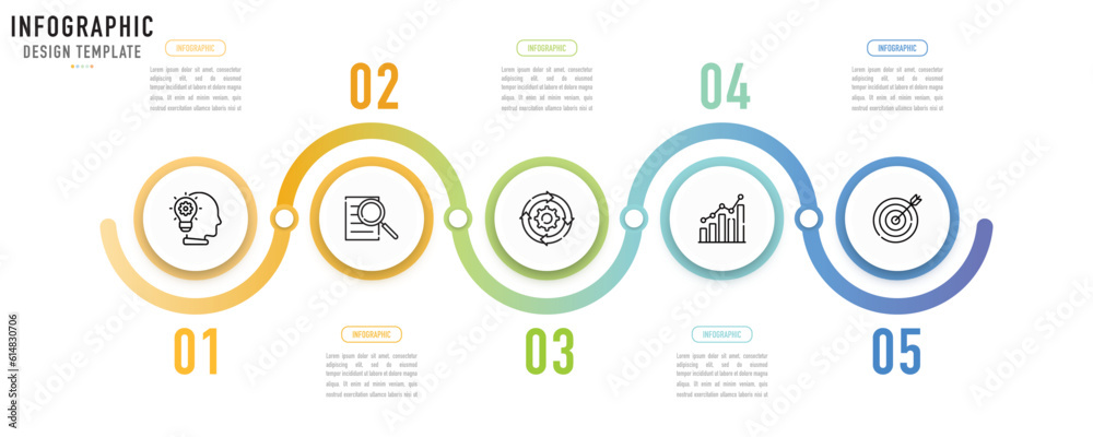 Circular curve infographic template or element with 5 step, process, option, colorful circle, button, paper origami, number, minimal style for sale slide, schedule, agenda, flowchart, workflow, web
