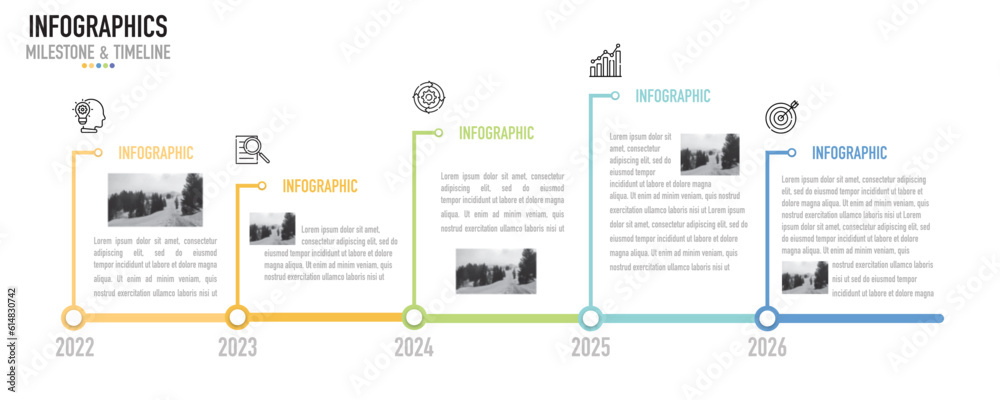 Milestone timeline infographic template or element with 5 year, 2022, 2023, 2024, 2025, 2026, colorful bar, thin line, minimal style for sale slide, brochure, organization, workflow, planner, internet - obrazy, fototapety, plakaty 