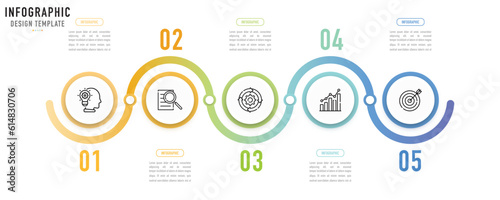 Circular curve infographic template or element with 5 step, process, option, colorful circle, button, paper origami, number, minimal style for sale slide, schedule, agenda, flowchart, workflow, web