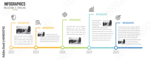 Milestone timeline infographic template or element with 5 year, 2022, 2023, 2024, 2025, 2026, colorful bar, thin line, minimal style for sale slide, brochure, organization, workflow, planner, internet