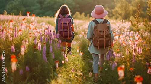 Two beautiful girls tourist hiking landscape photo. Yellow flowers field nature blossom outdoor holiday backpack lifestyle summer photo