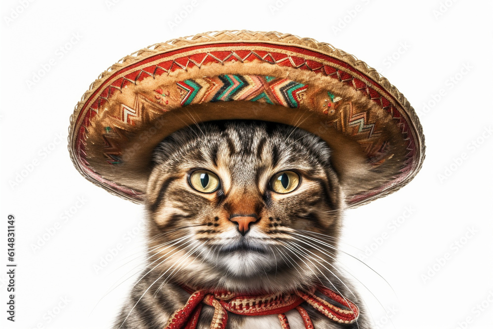 Cheerful illustration the cat wears a Mexican sombrero. Isolated