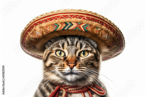 Cheerful illustration, the cat wears a Mexican sombrero. Isolated on white background. AI generated. AI generative.