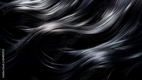 Black glowing hair wavy strand. Isolated on black background. Shiny haircare style shampoo beautiful smooth colored hair close up photo