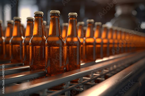 The production line of the brewery. Bottling beer. Glass bottles on the conveyor. AI generated.