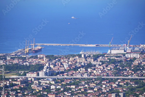 Marina di Carrara, Italy - June 11 2023: aerial view of the port in Marina di Carrara