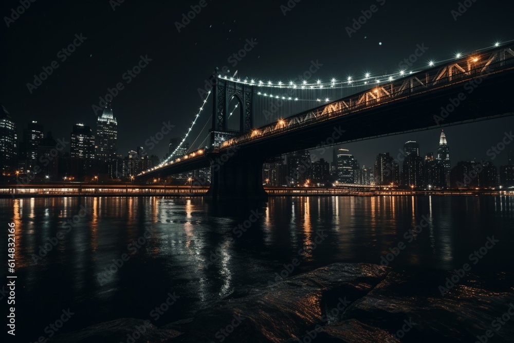 Nighttime city skyline with a bridge over water and lights shining on it. Generative AI