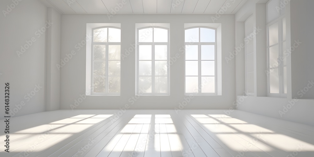 White minimalistic room with blank walls and sunlight streaming through windows. Sun rays and shadows background White minimalistic room with blank walls and sunlight streaming through windows. Sun rays and shadows background