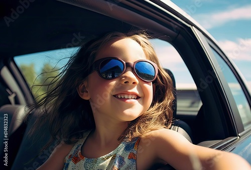 pretty woman in sunglasses rides in a travel car, generative ai © jambulart