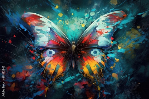 A colorful butterfly with vibrant wings adorned in various shades of paint