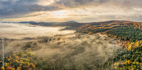 Sunrise fog autumn scenic drive - fall foliage - Maine  photo