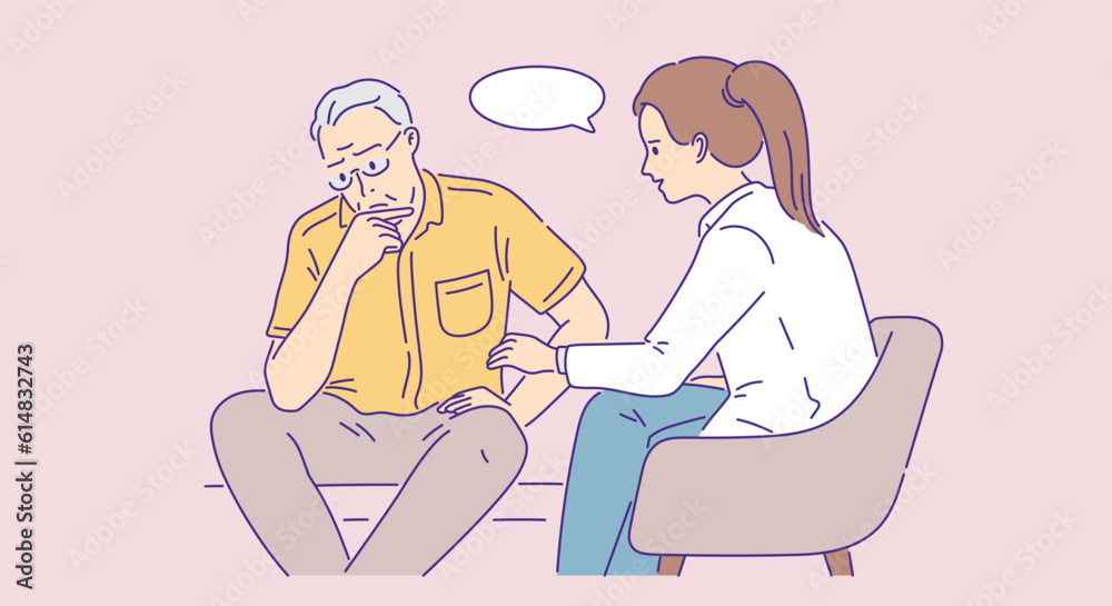 overcome psychotherapy scene between senior man and psychiatrist outline flat overcome psychotherapy scene between senior man and psychiatrist outline flat