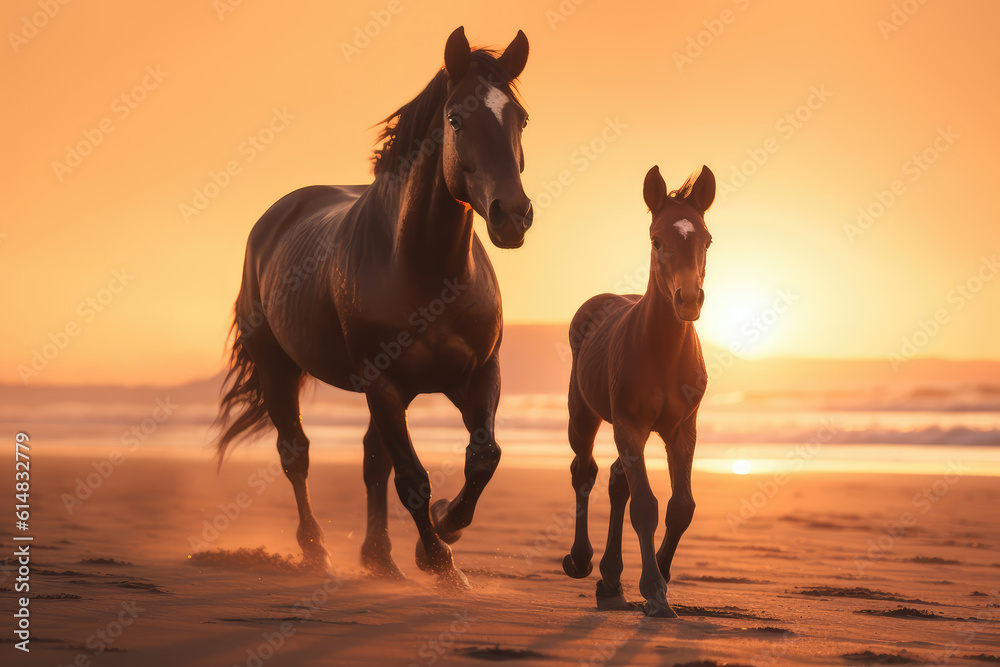 horse and foal running together on the beach in a sunset, beautiful background, ai generated.