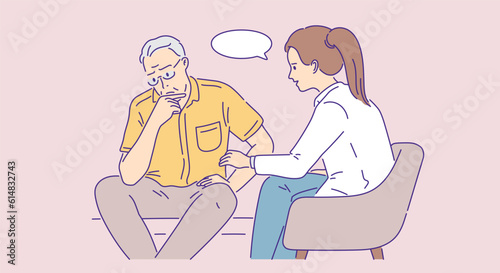 overcome psychotherapy scene between senior man and psychiatrist outline flat