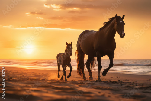 horse and foal running together on the beach in a sunset, beautiful background, ai generated. © Giovanna