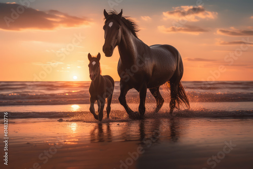 horse and foal running together on the beach in a sunset, beautiful background, ai generated.