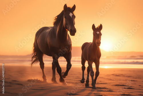 horse and foal running together on the beach in a sunset  beautiful background  ai generated.
