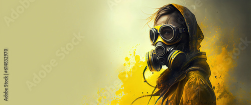 child in gas mask, damage after nuclear war, panoramic layout. Generative Ai