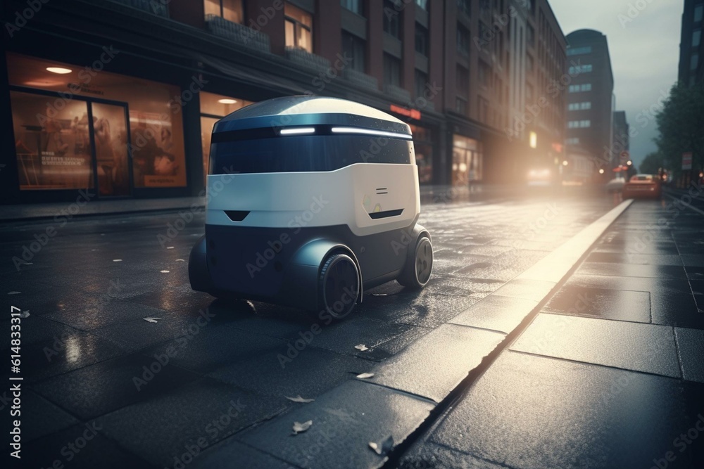 Driverless delivery robot on city street, using smart technology. 3D concept render. Generative AI