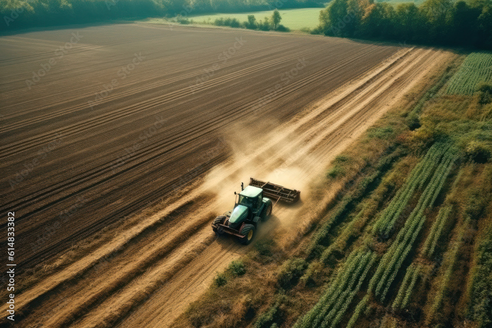 Aerial view of a tractor plowing the land. Composite with different elements made with generative AI