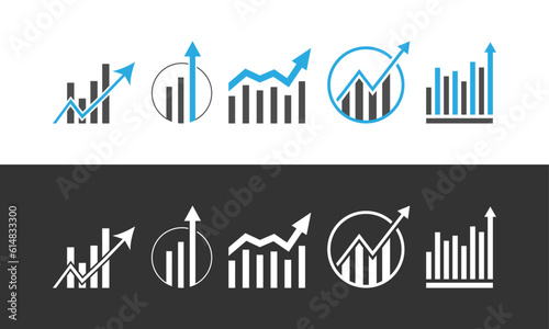 Illustration of a set of blue and white icons. Financial growth graph & chart for Successful Business company. 5 best qualities business infographic icons for the stock market,  investment and trading