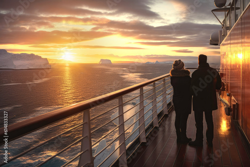 Fotobehang A couple on the deck of a cruise to Antarctica watching the sunset