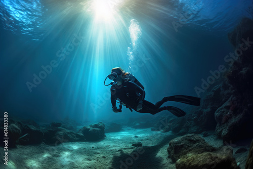 Woman scuba diving under the sun rays. Composite with different elements made with generative AI