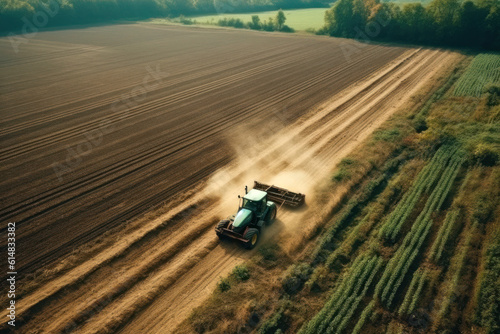 Aerial view of a tractor plowing the land. Composite with different elements made with generative AI