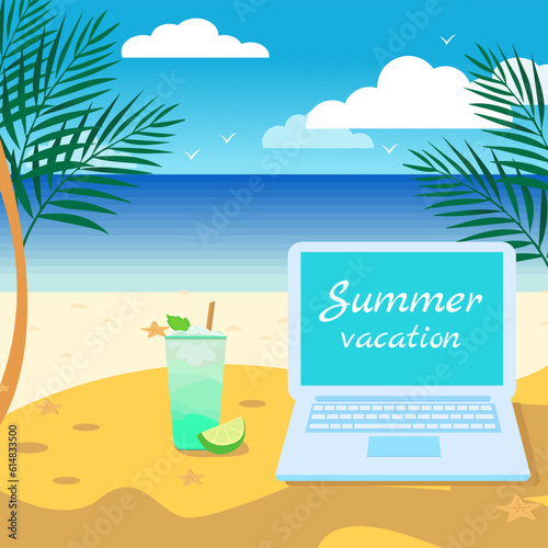 Vector illustration in a flat style. Summer vacation concept  remote work anywhere in the world. Modern laptop and cooling cocktail on a tropical island. The text on the screen can be changed.