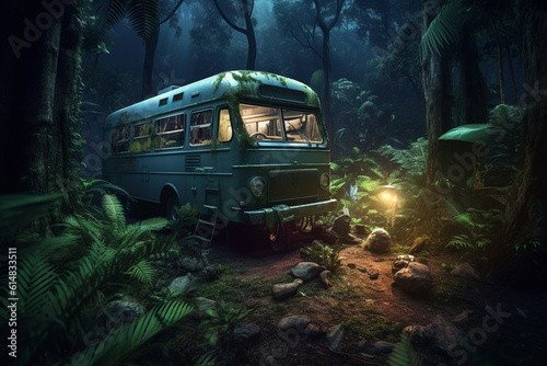 Motorhome, camper in the night jungle. Autotourism concept. AI generated. photo