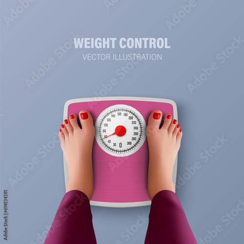 Vector 3d Realistic Bathroom Scales and Female Feet in Top View. Weight Control Concept Banner with Bathroom Body Weight Scales, Classic Retro Bathroom Floor Scale