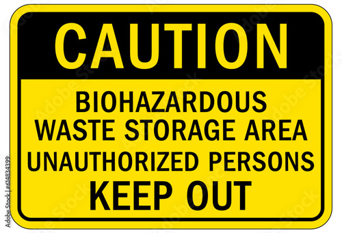 Biohazard warning sign and labels bio hazardous waste storage area. Unauthorized person keep out