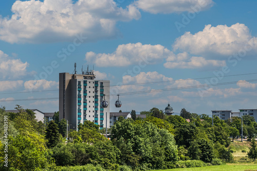 View of Skyscraper and ropeway connecting parks during federal horticulture and garden show (Bundesgartenschau BUGA) in Mannheim city, Germany