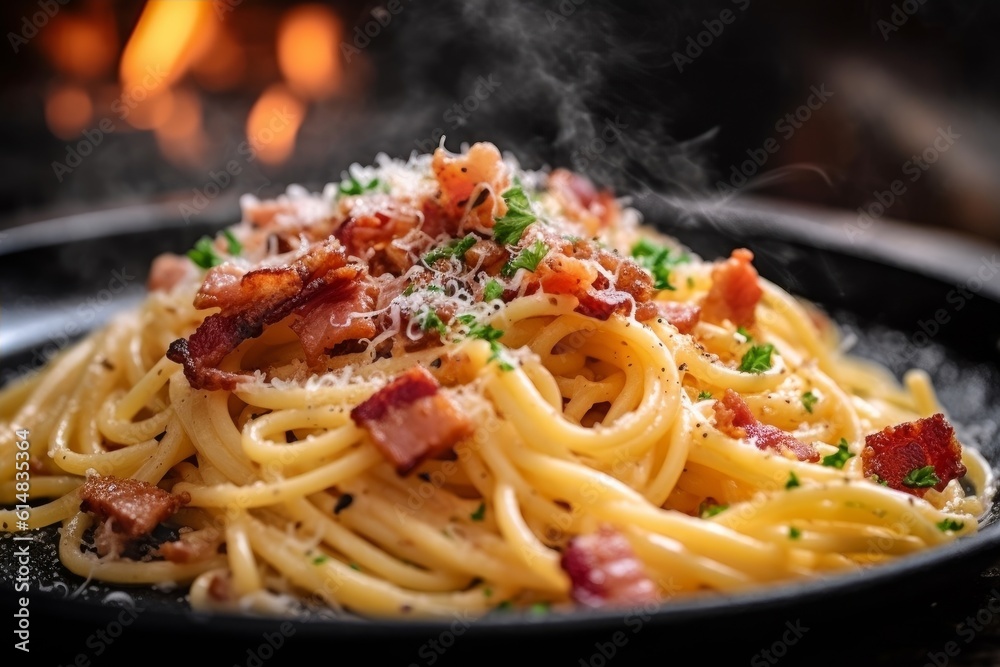 perfectly cooked Carbonara with crisp bacon and a sprinkle of parsley perfectly cooked Carbonara with crisp bacon and a sprinkle of parsley