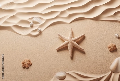 Sea background with starfish and seashells in white and cream yellow color on light beige background