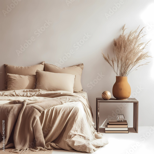 In an elegant Scandinavian bedroom, a beautifully adorned bedside table is accompanied by a cup of coffee, old books, a ball vase displaying dry grass, and cozy beige linen throw bedding, all against 