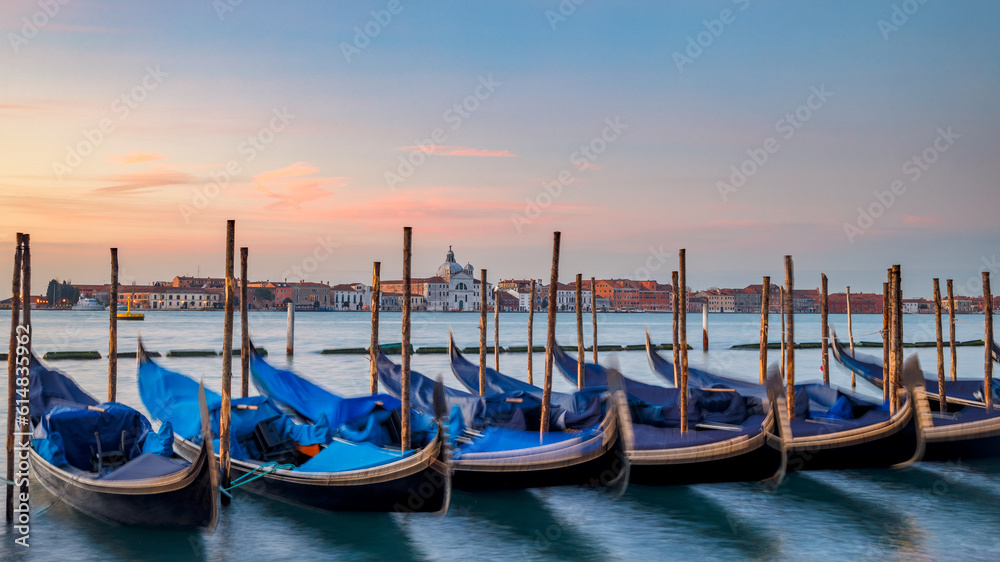 Gondolas of Venice at sunrise, Italy, Europe.