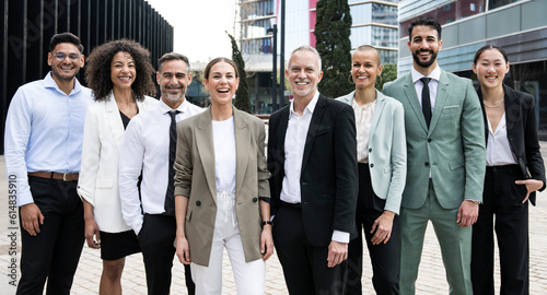 Laughing group of multiethnic businessman and businesswoman staring at camera outside. Multiracial happy and confident executive team standing in the street.