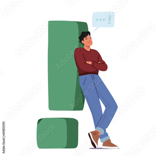 Relaxed Male Character Leaning Against A Massive Exclamation Mark With A Serene Smile and Speech Bubble, Illustration
