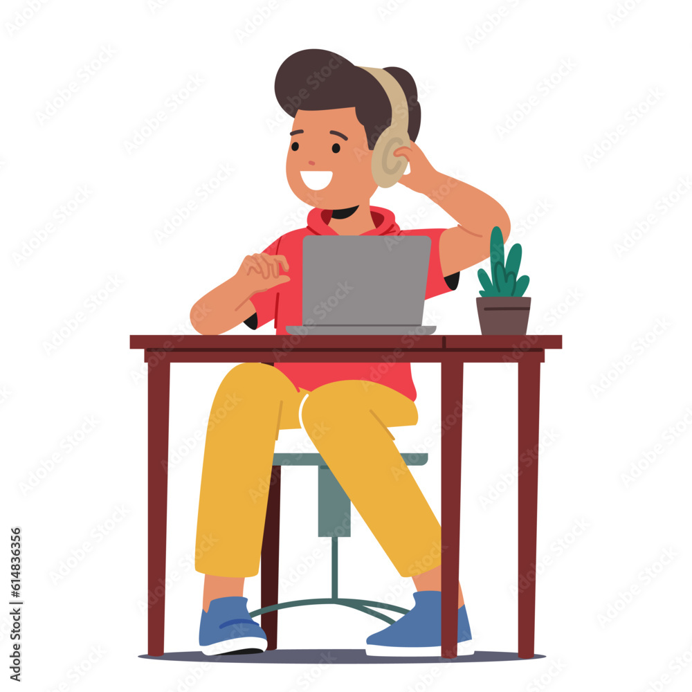 Child Boy Character Wearing Headphones, Engrossed In Work At A Desk With A Laptop, Immersing In Technology Child Boy Character Wearing Headphones, Engrossed In Work At A Desk With A Laptop, Immersing In Technology
