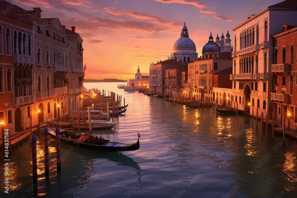 Sunset view of Grand Canal, Venice. Vaporetto or waterbus station, boats, gondolas - obrazy, fototapety, plakaty 