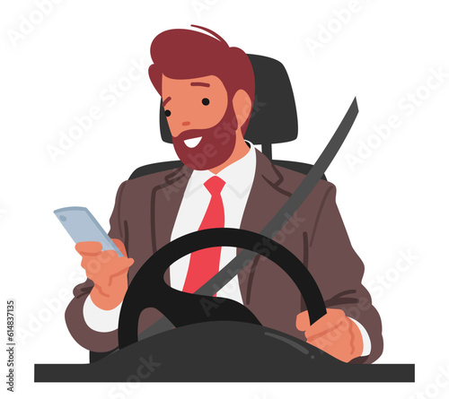 Unsafe And Illegal Behavior. Man Character Using Mobile Phone While Driving, Putting Himself And Others At Risk