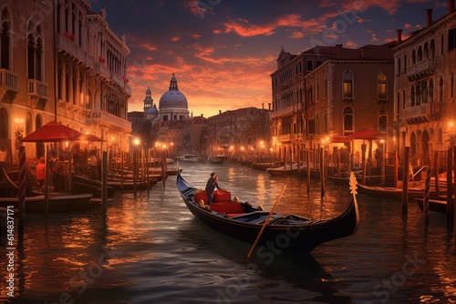 Sunset view of Grand Canal, Venice. Vaporetto or waterbus station, boats, gondolas © jambulart