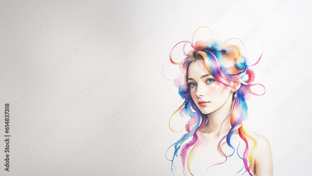 Naklejka premium illustrazione generativa ai ritratto di affascinante giovane donna eseguito con colori ad acqua, capelli mossi e sciolti sulle spalle, nastri colorati, chiazze di colore, primo piano