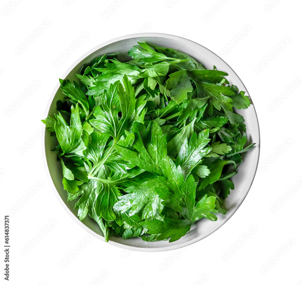 Parsley leaves in a bowl. Transparent background Parsley leaves in a bowl. Transparent background